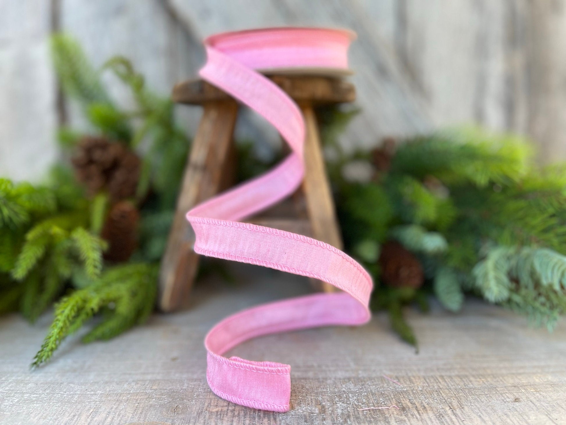 7/8" Pink Dupioni Ribbon, Wired Ribbon, Narrow Ribbon