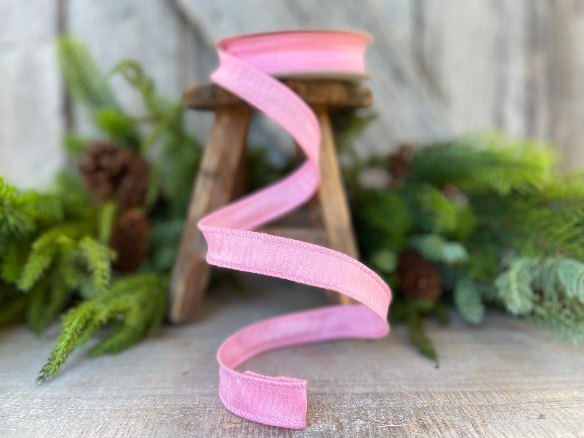 7/8" Pink Dupioni Ribbon, Wired Ribbon, Narrow Ribbon