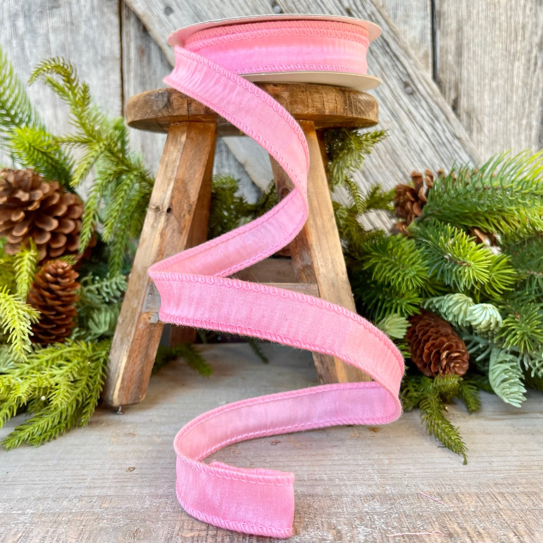 7/8" Pink Dupioni Ribbon, Wired Ribbon, Narrow Ribbon