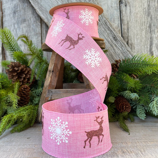 2.5" Pink Deer Christmas RIbbon, Wired Ribbon, Christmas Ribbon with Deer