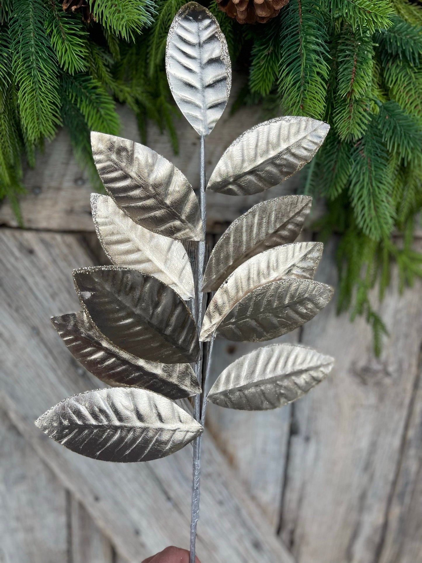 25" Champagne Metallic Leaf Spray, Christmas Leaves Spray