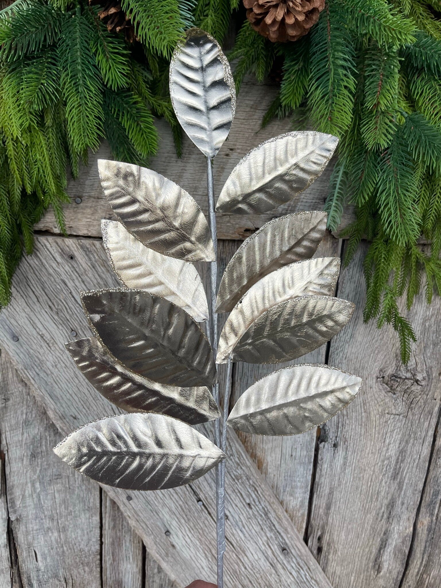 25" Champagne Metallic Leaf Spray, Christmas Leaves Spray