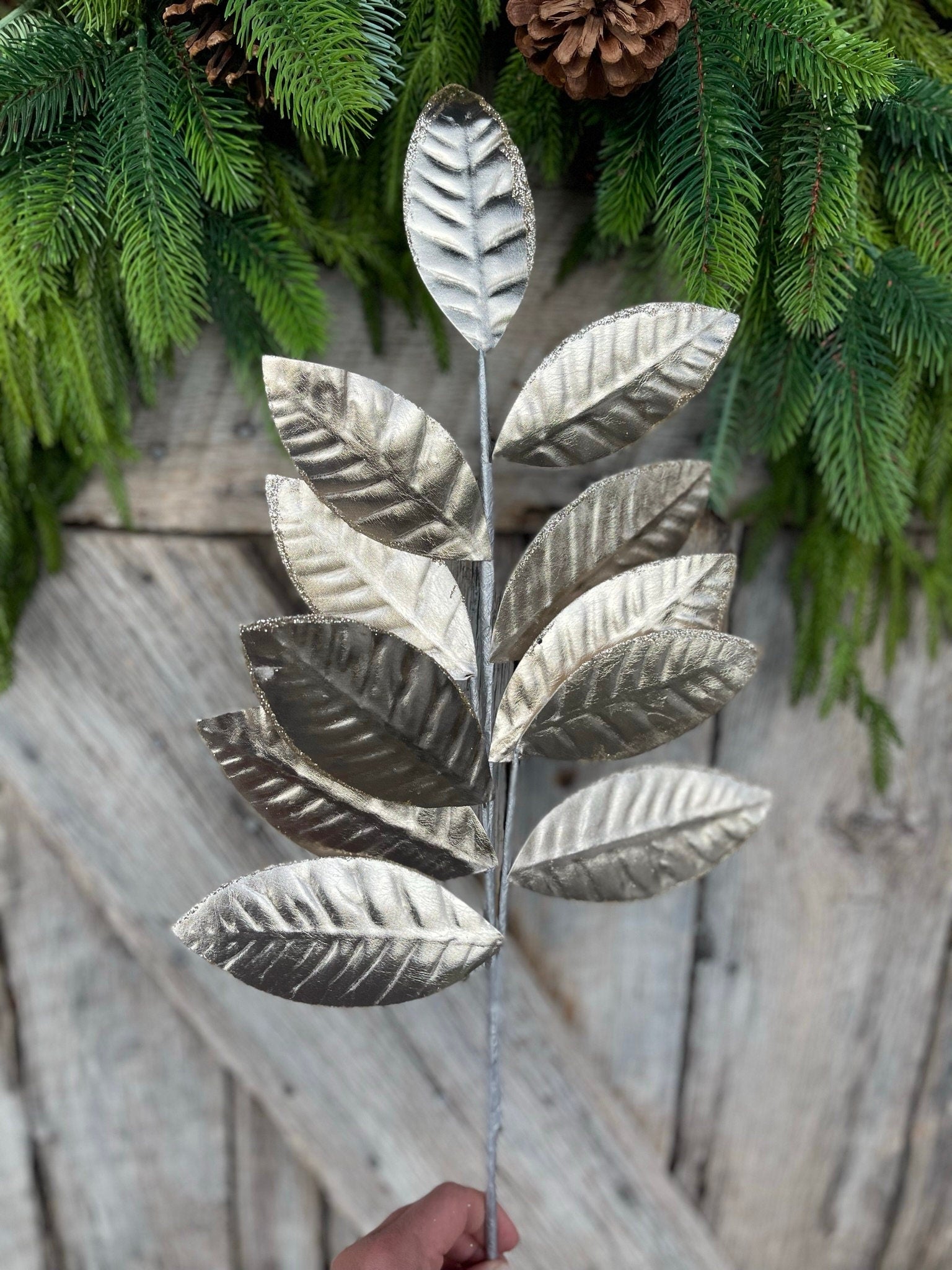 25" Champagne Metallic Leaf Spray, Christmas Leaves Spray