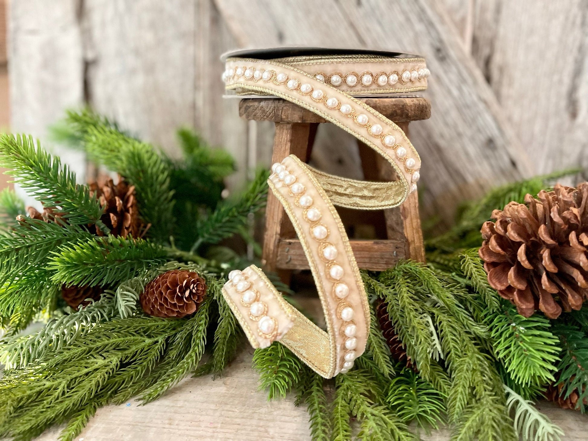 1" Cream Velvet Pearl Ribbon, Farrisilk Ribbon, Pearl Ribbon