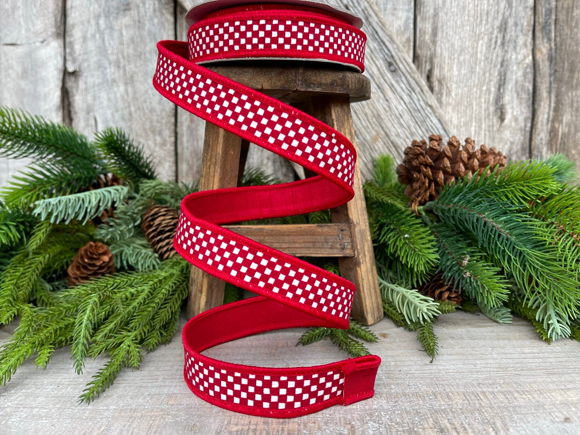 1" Red Mini Checkered Ribbon, Farrisilk Ribbon, Check Ribbon