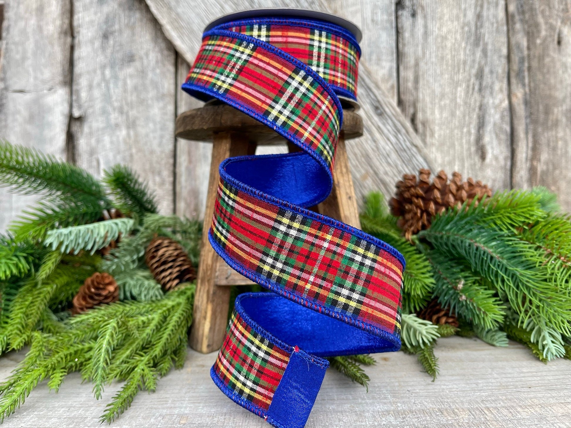 1.5" Blue Caroler Plaid RIbbon, Farrisilk Ribbon