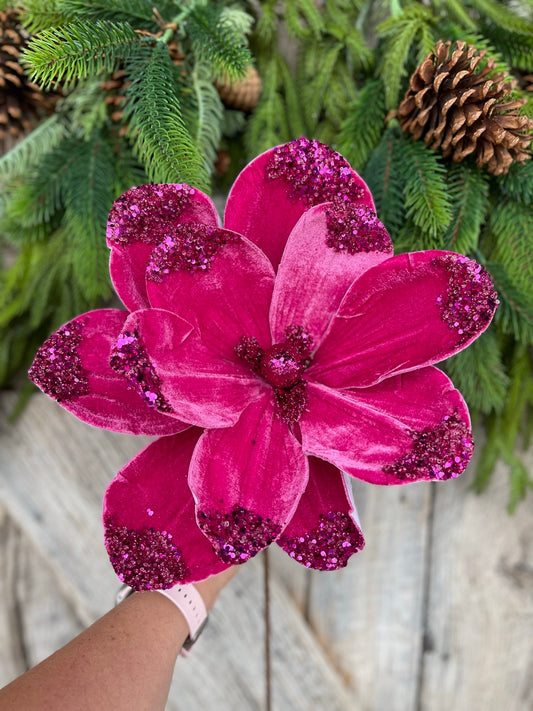 21" Hot Pink Velvet Magnolia, Christmas Magnolia, Faux Magnolia Stem