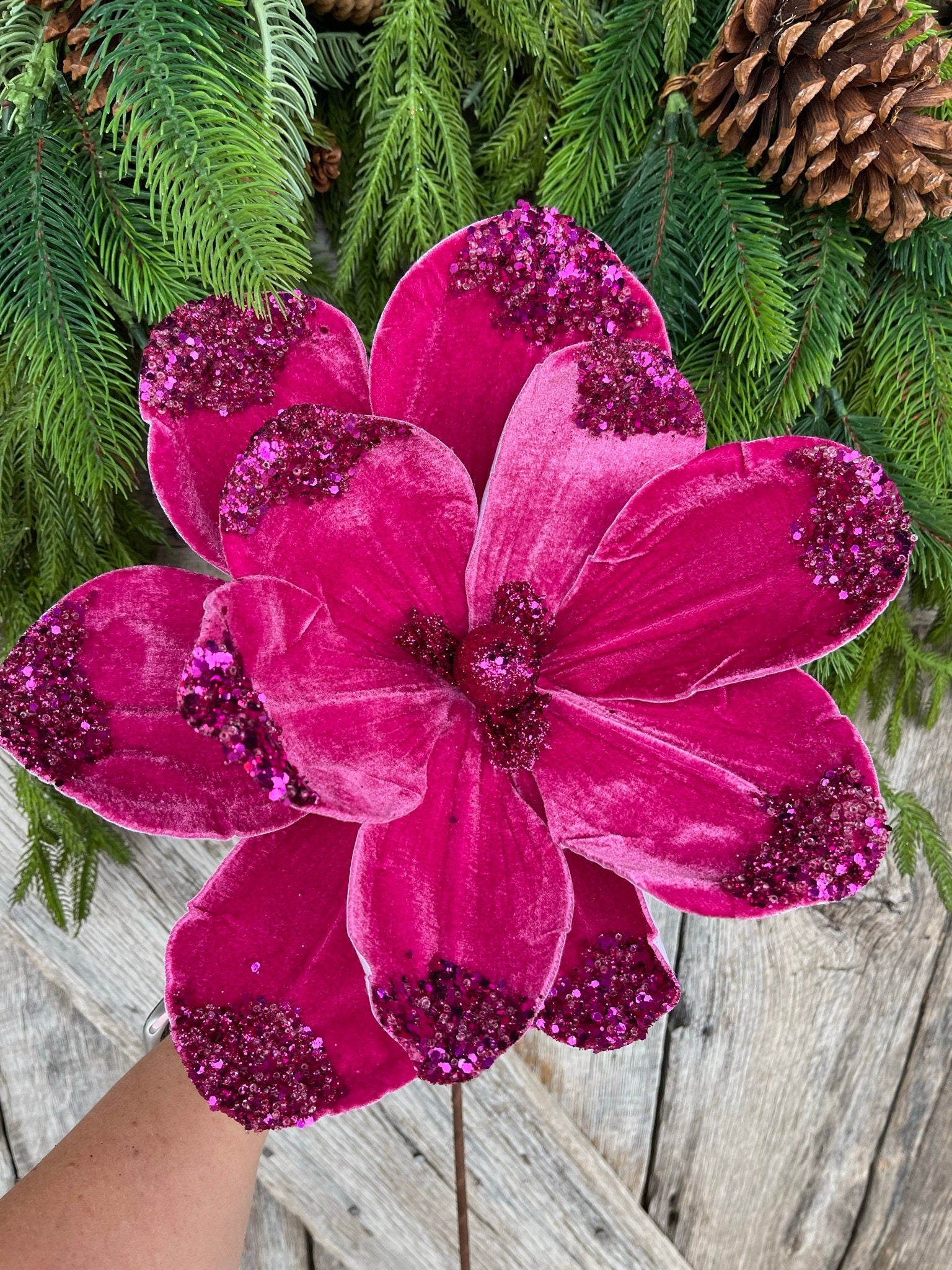 21" Hot Pink Velvet Magnolia, Christmas Magnolia, Faux Magnolia Stem