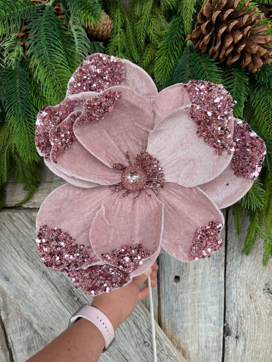 21" Light Pink Velvet Magnolia, Christmas Magnolia, Faux Magnolia Stem
