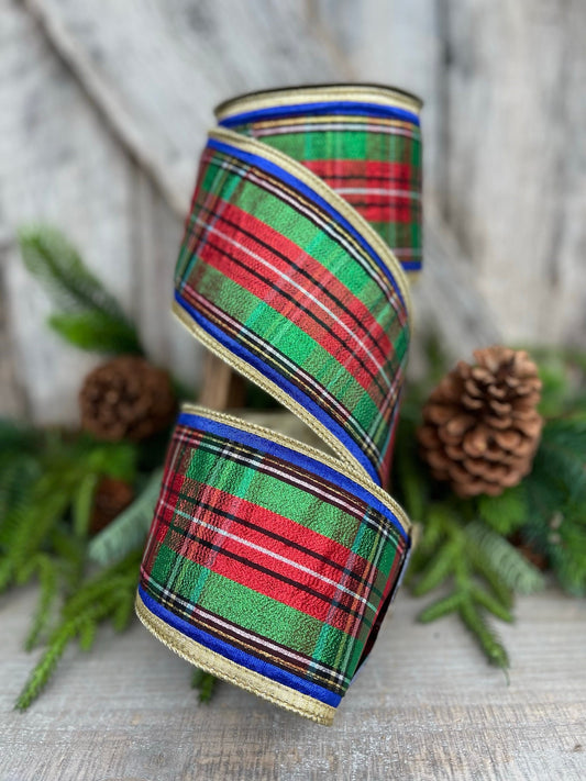 4" Traditional CHristmas Plaid, Farrisilk Ribbon, Red Blue Chirstmas Plaid RIbbon