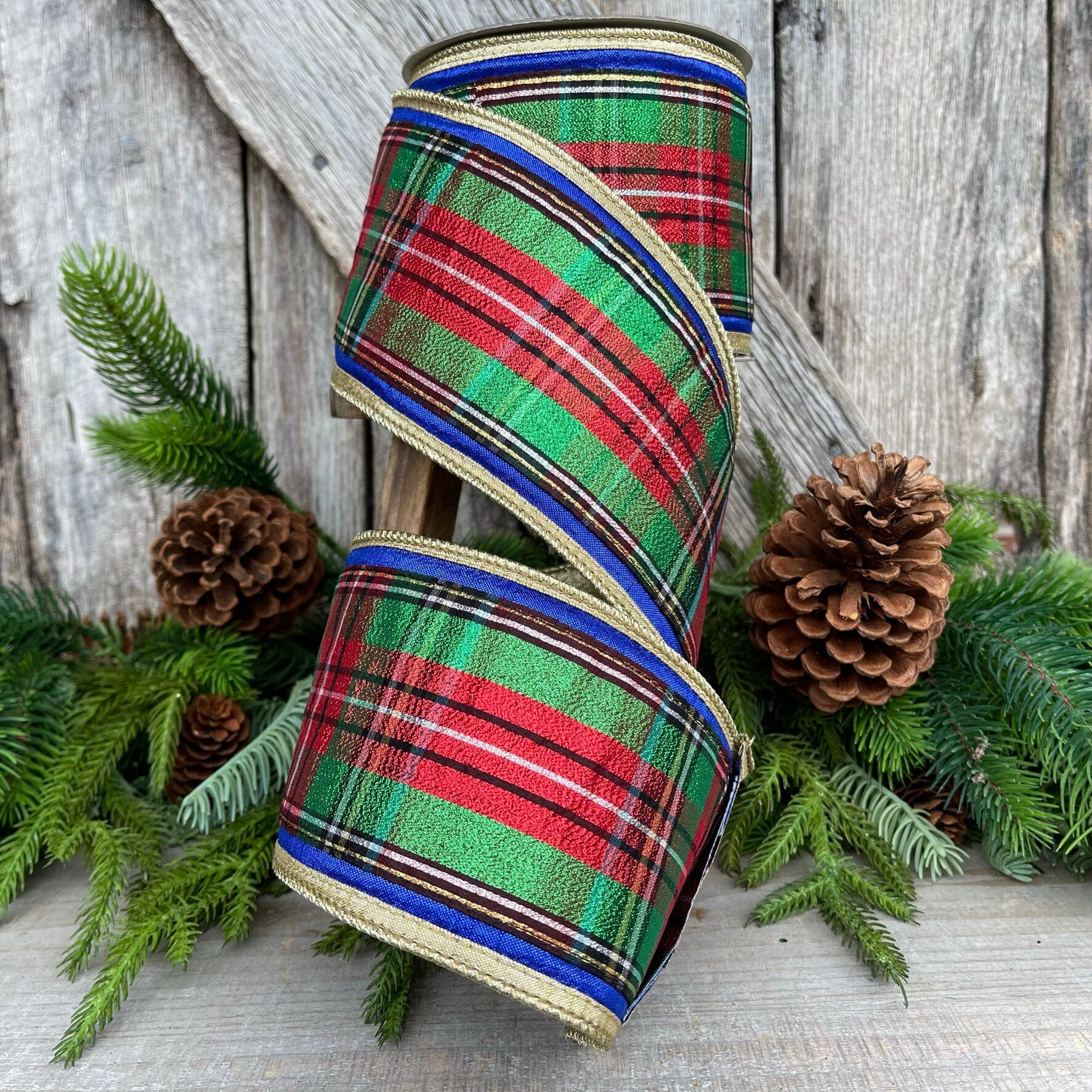 4" Traditional CHristmas Plaid, Farrisilk Ribbon, Red Blue Chirstmas Plaid RIbbon