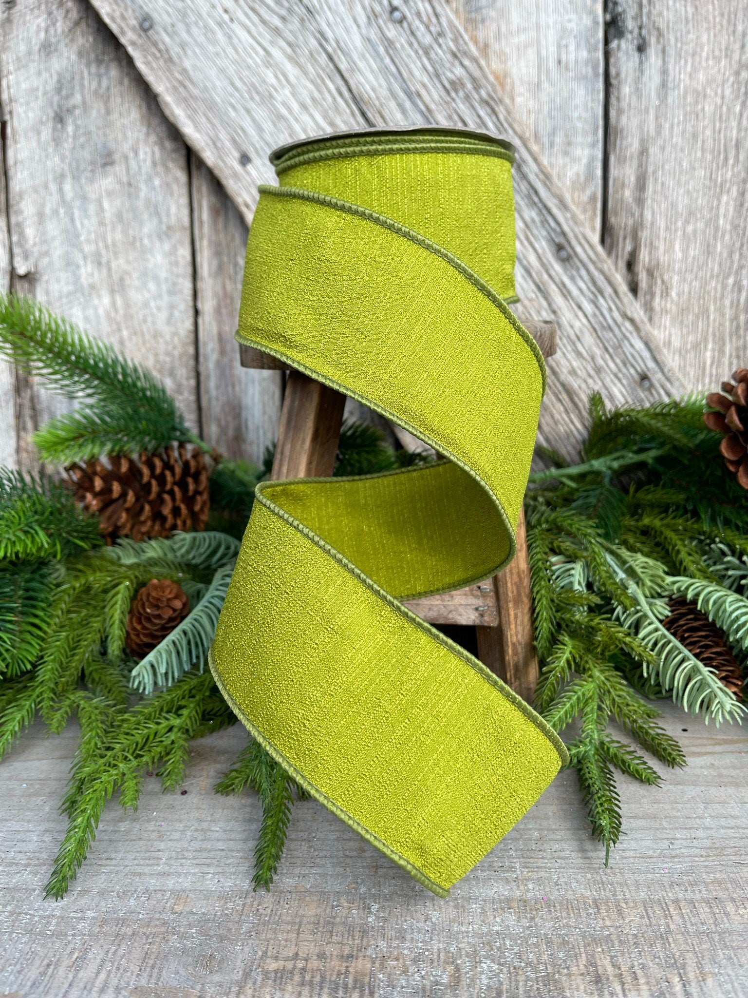 2.5" Olive Ribbon, Farrisilk Shabby Silk, 2.5 inch ribbon