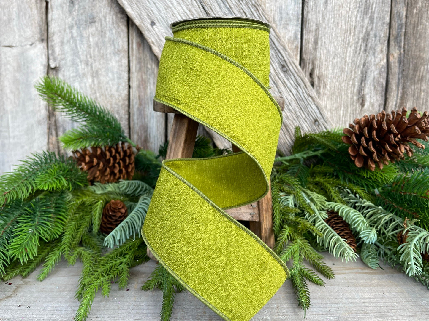 2.5" Olive Ribbon, Farrisilk Shabby Silk, 2.5 inch ribbon