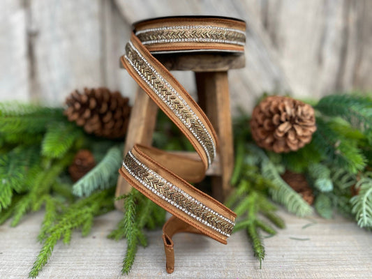 1" Pecan Beaded Baguette RIbbon, Farrisilk Ribbon, Brown Wired RIbbon