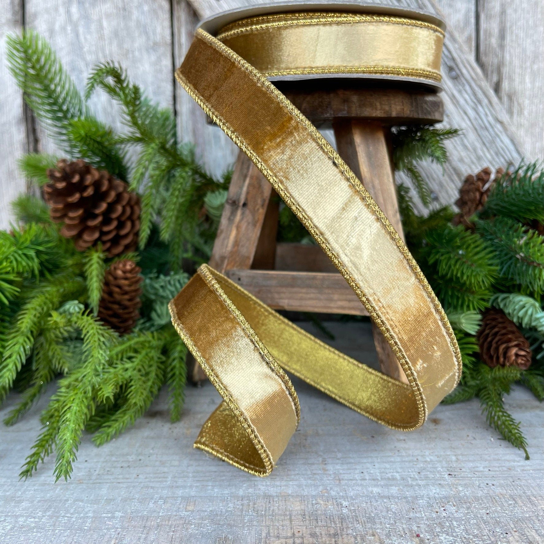 1" Gold velvet Luster Ribbon, Farrisilk ribbon, Gold ribbon