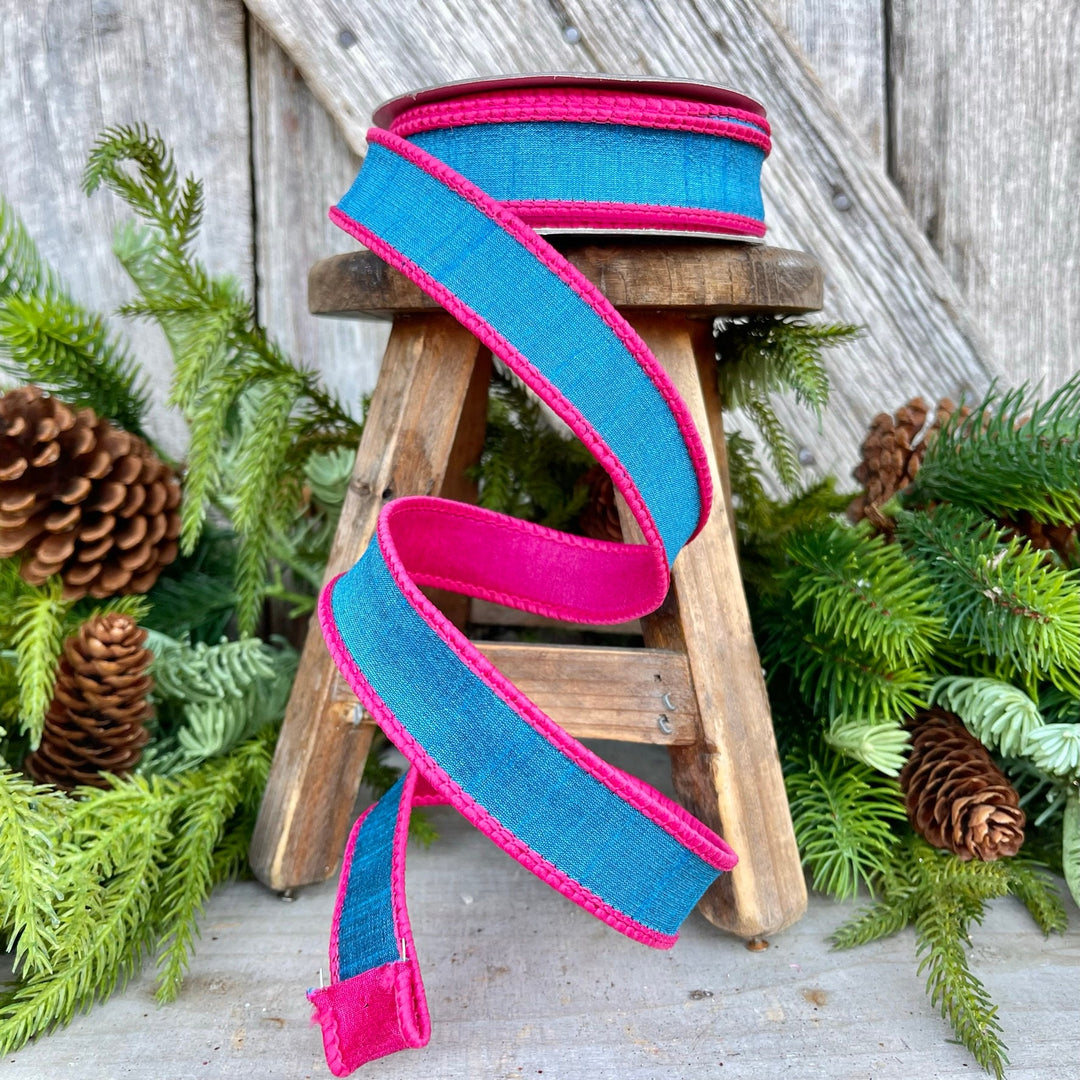 1" Turquoise and Pink Contrast Taffeta, Farrisilk Ribbon