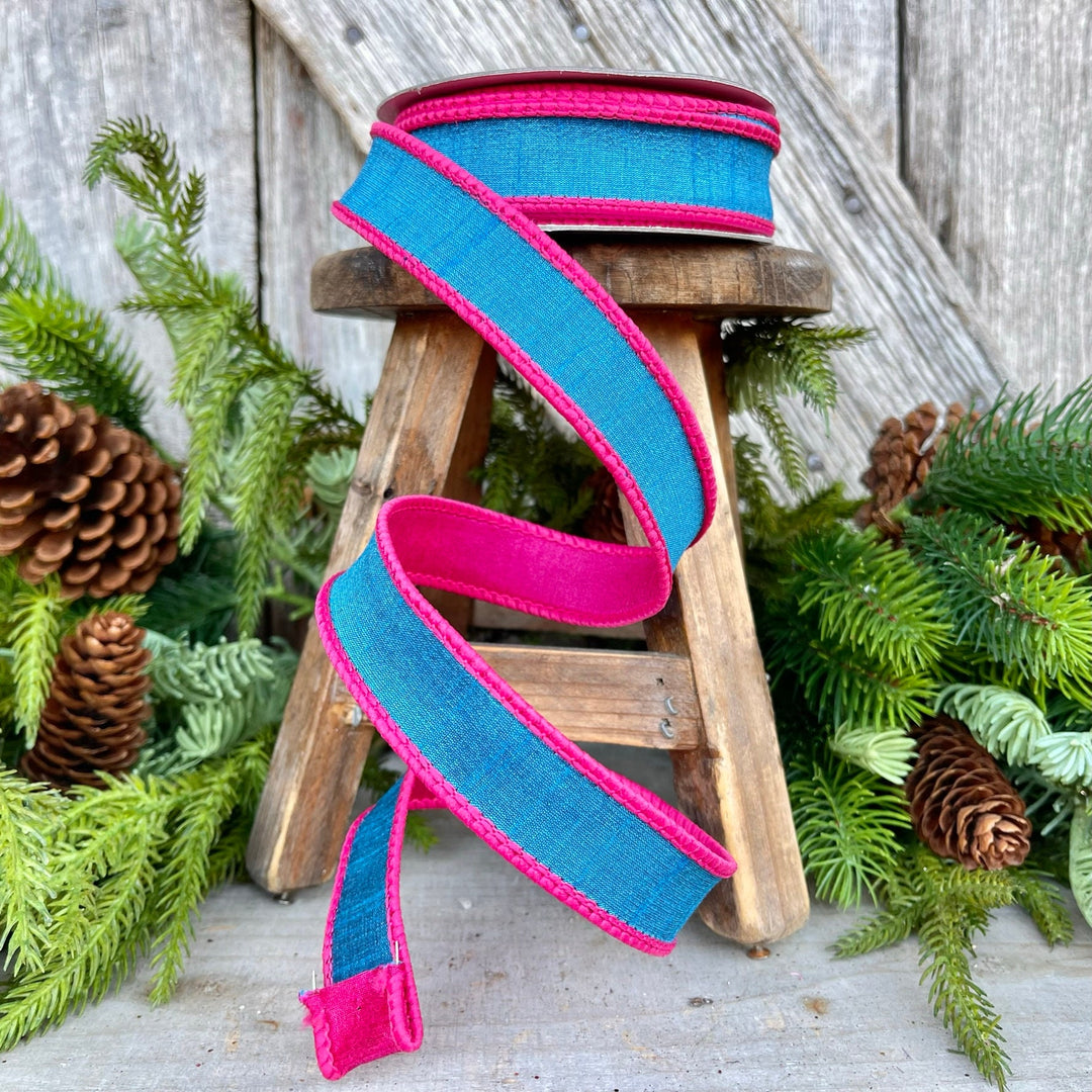 1" Turquoise and Pink Contrast Taffeta, Farrisilk Ribbon, Wired Ribbon