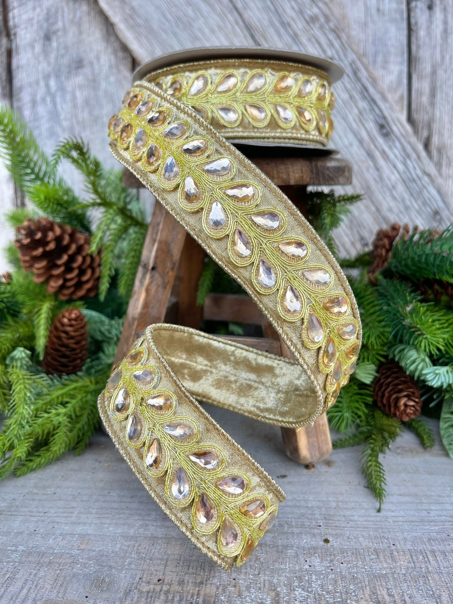 1.5" Gold Jeweled Ribbon, Farrisilk Ribbon, Wired Ribbon