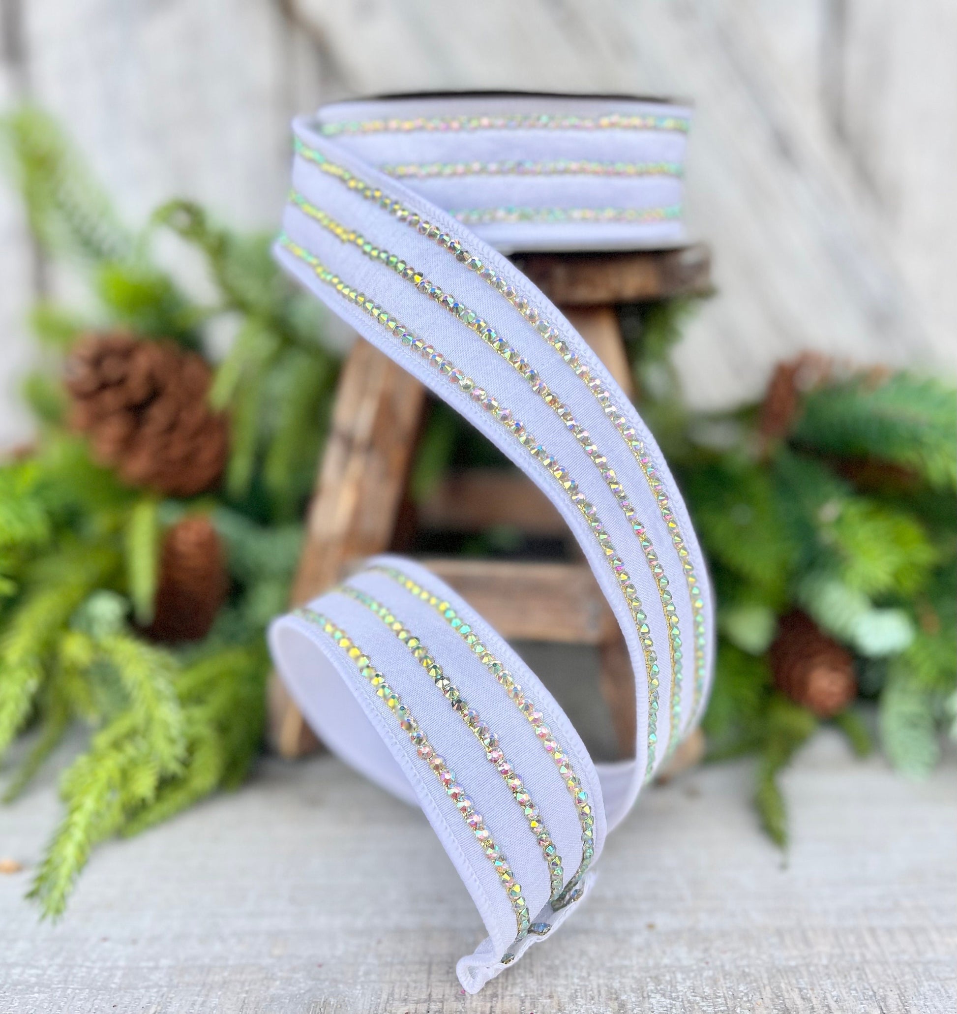 1.5" White Iridescent Jeweled Stripe Ribbon, Farrisilk Ribbon