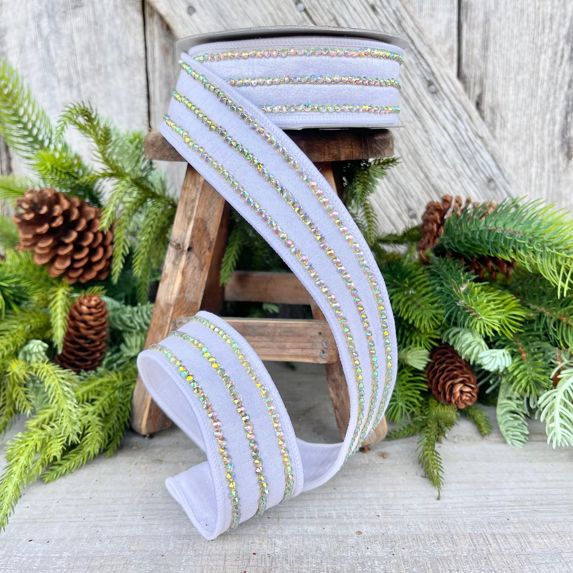 1.5" White Iridescent Jeweled Stripe Ribbon, Farrisilk Ribbon