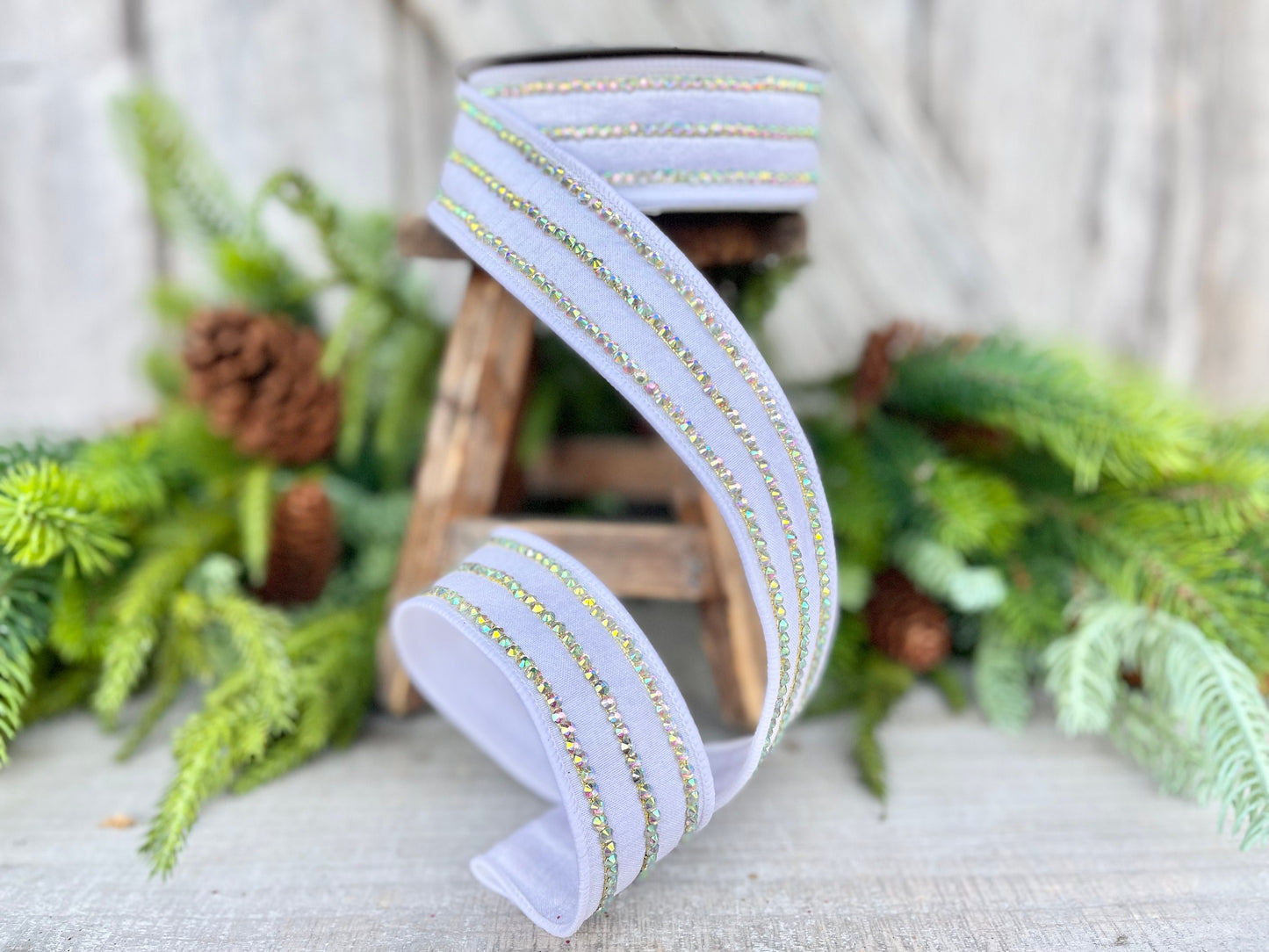 1.5" White Iridescent Jeweled Stripe Ribbon, Farrisilk Ribbon