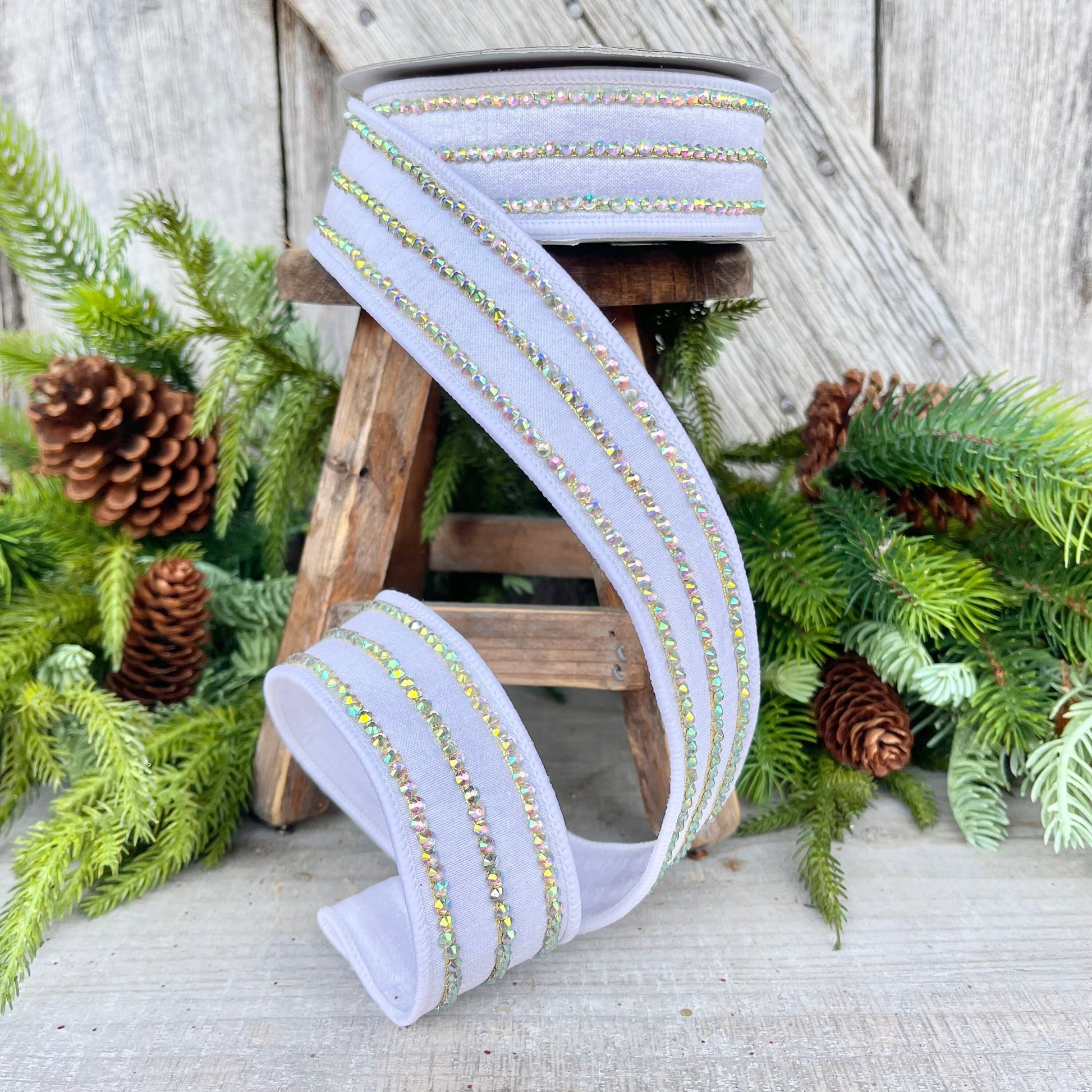 1.5" White Iridescent Jeweled Stripe Ribbon, Farrisilk Ribbon