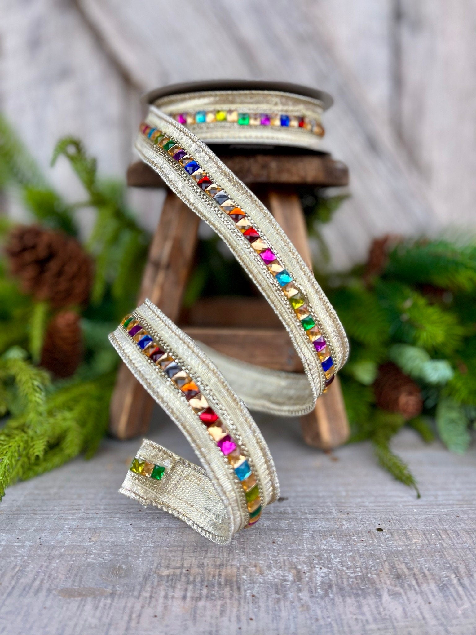 1" Platinum KALEIDOSCOPE Ribbon, Farrisilk Ribbon, Platinum Gold Jeweled Ribbon
