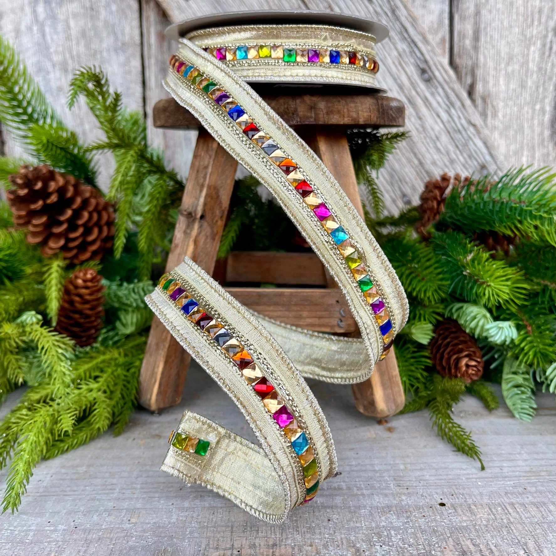 1" Platinum KALEIDOSCOPE Ribbon, Farrisilk Ribbon, Platinum Gold Jeweled Ribbon