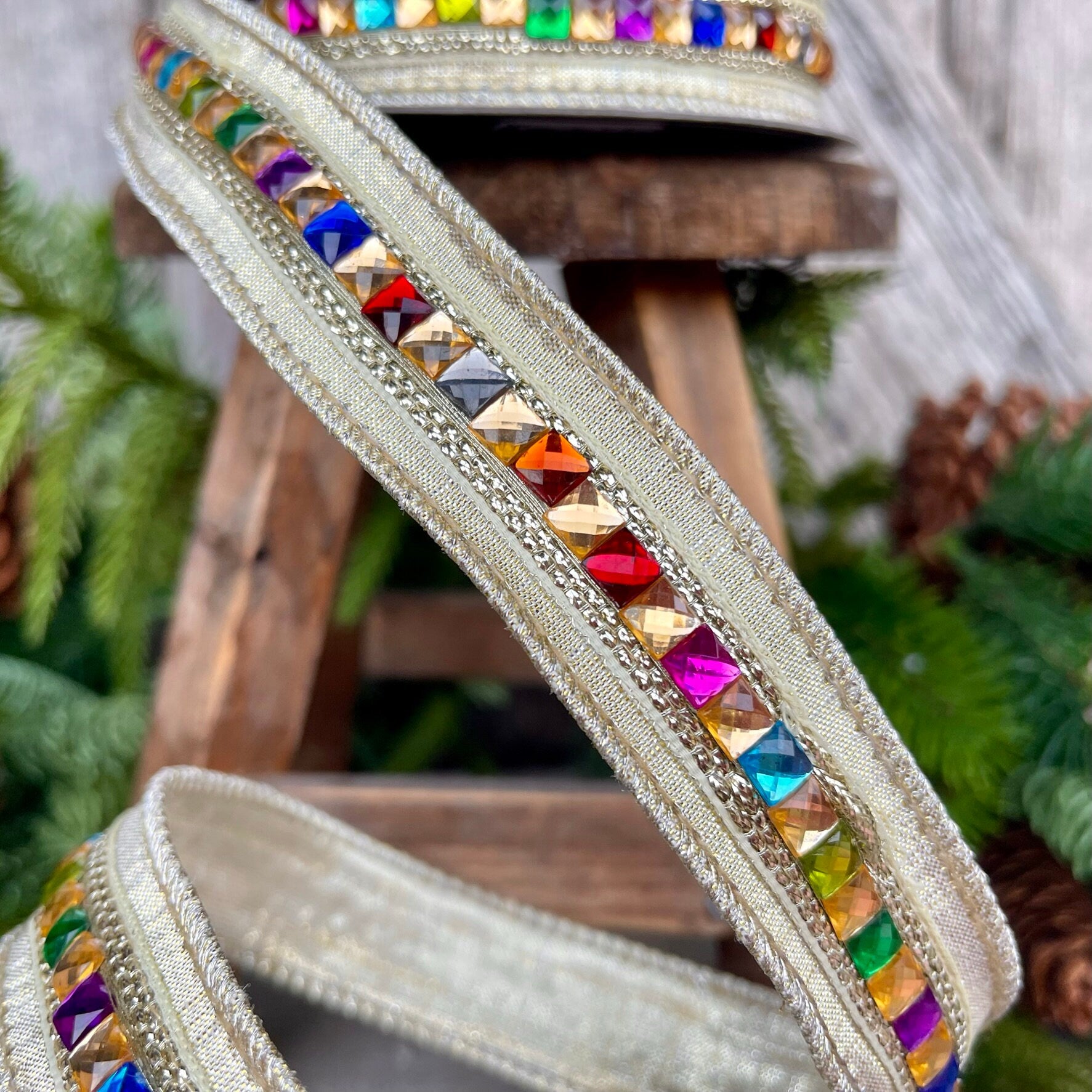 1" Platinum KALEIDOSCOPE Ribbon, Farrisilk Ribbon, Platinum Gold Jeweled Ribbon