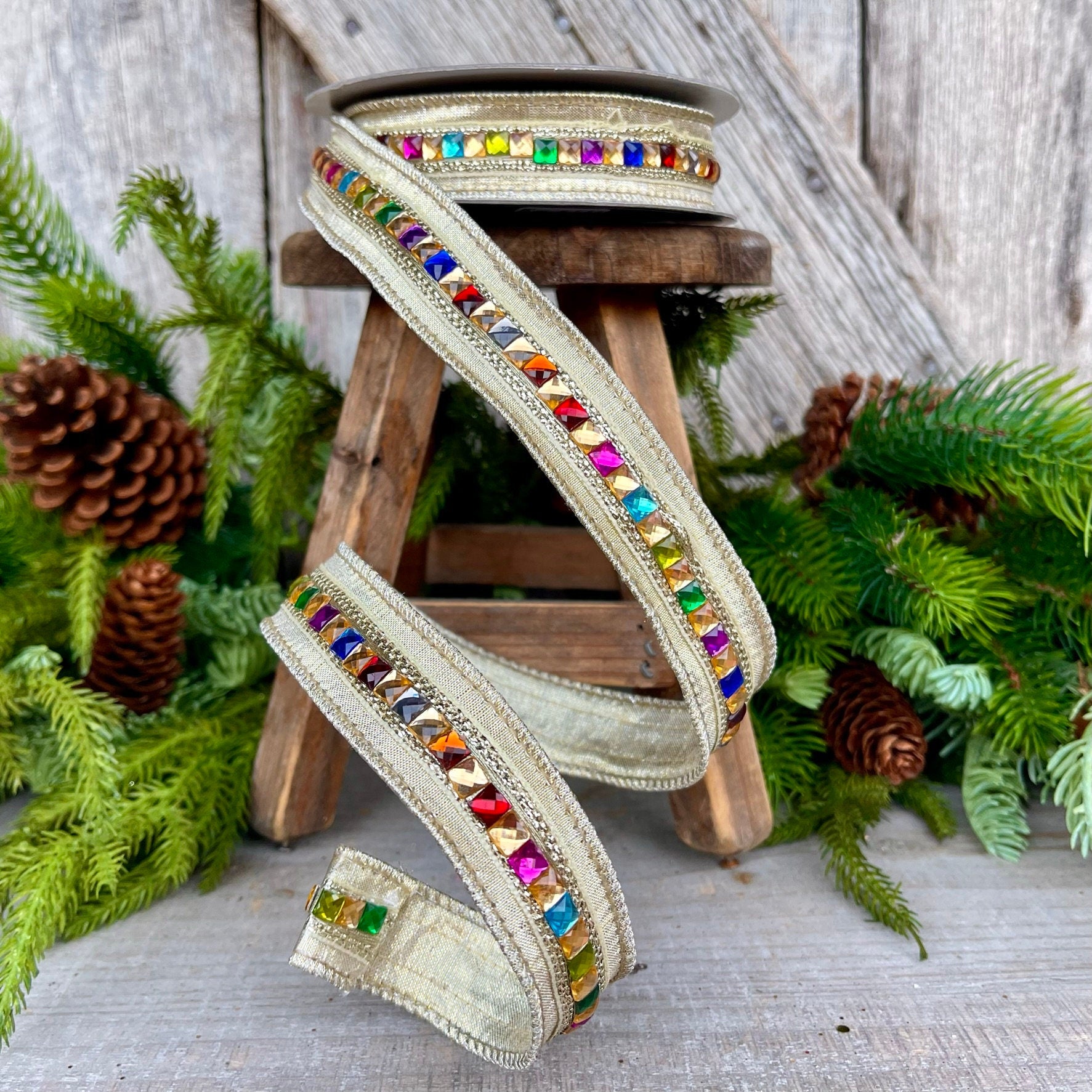 1" Platinum KALEIDOSCOPE Ribbon, Farrisilk Ribbon, Platinum Gold Jeweled Ribbon