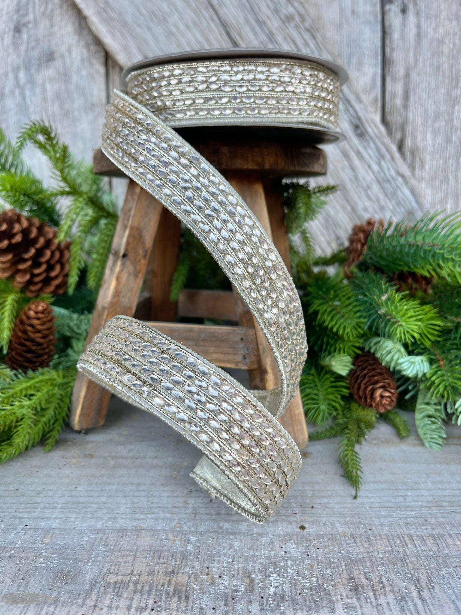 1" Platinum Jeweled RIbbon, Farrisilk Ribbon