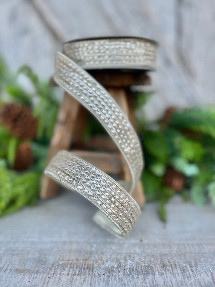 1" Platinum Jeweled RIbbon, Farrisilk Ribbon, Platinum Queen Victoria