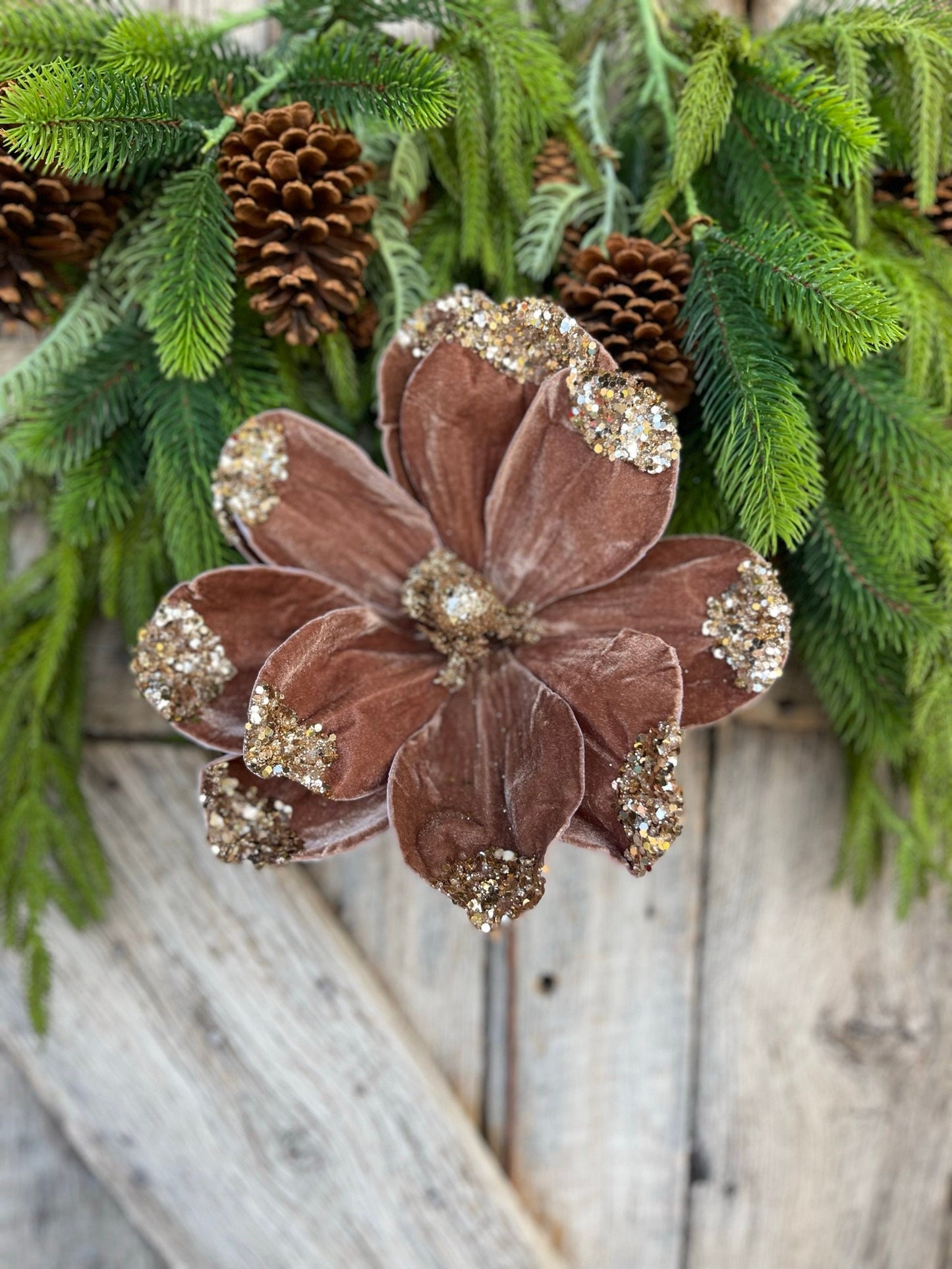 21" Mocha Brown Velvet Magnolia, Christmas Magnolia, Faux Magnolia Stem
