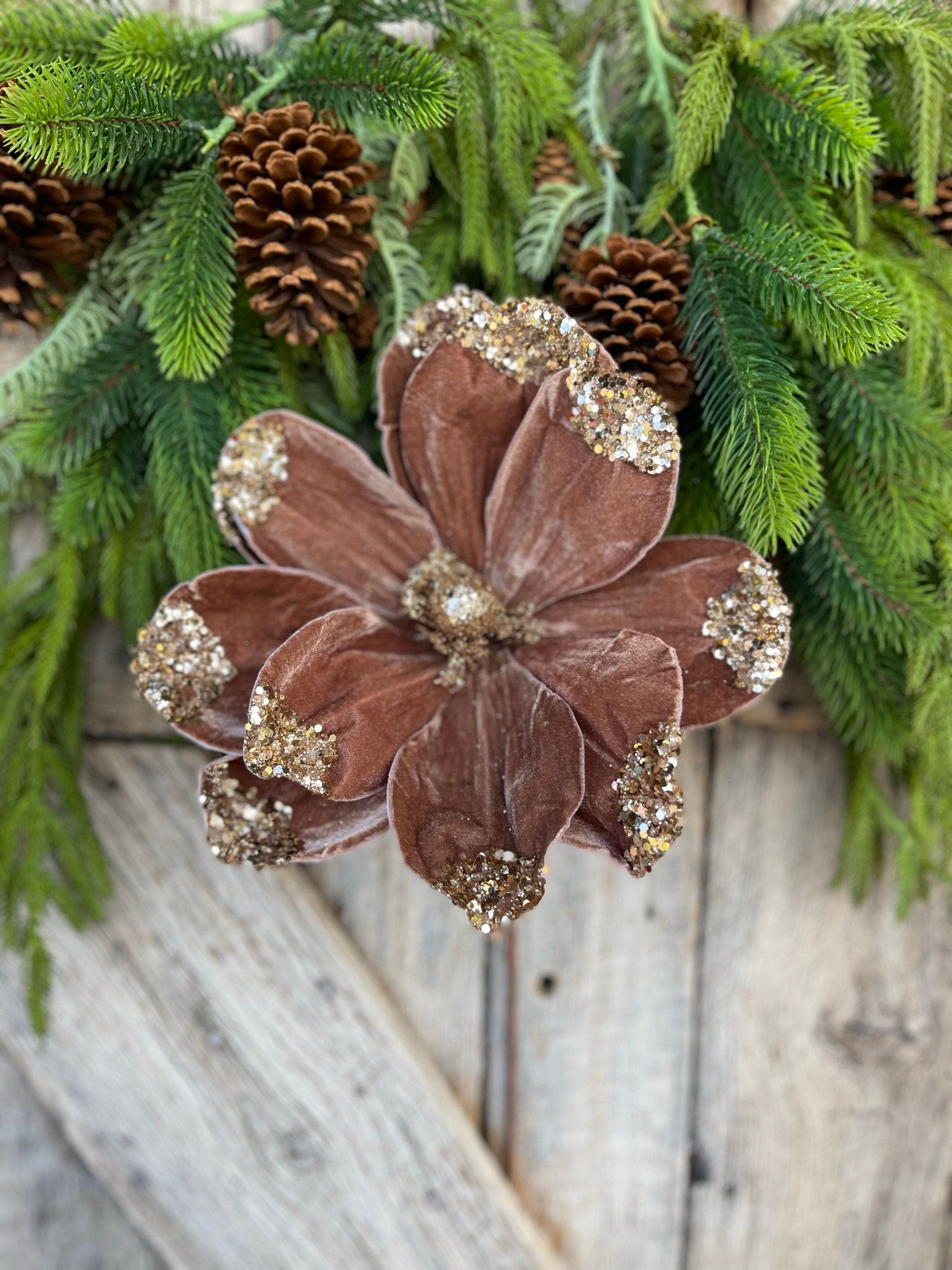 21" Mocha Brown Velvet Magnolia, Christmas Magnolia, Faux Magnolia Stem