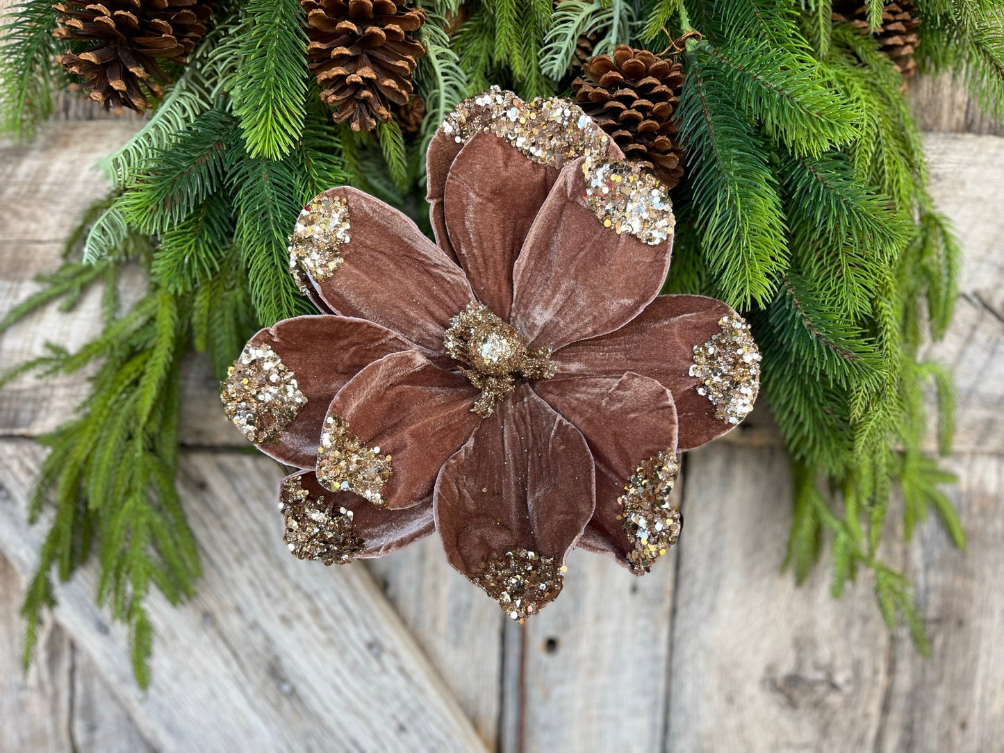 21" Mocha Brown Velvet Magnolia, Christmas Magnolia, Faux Magnolia Stem