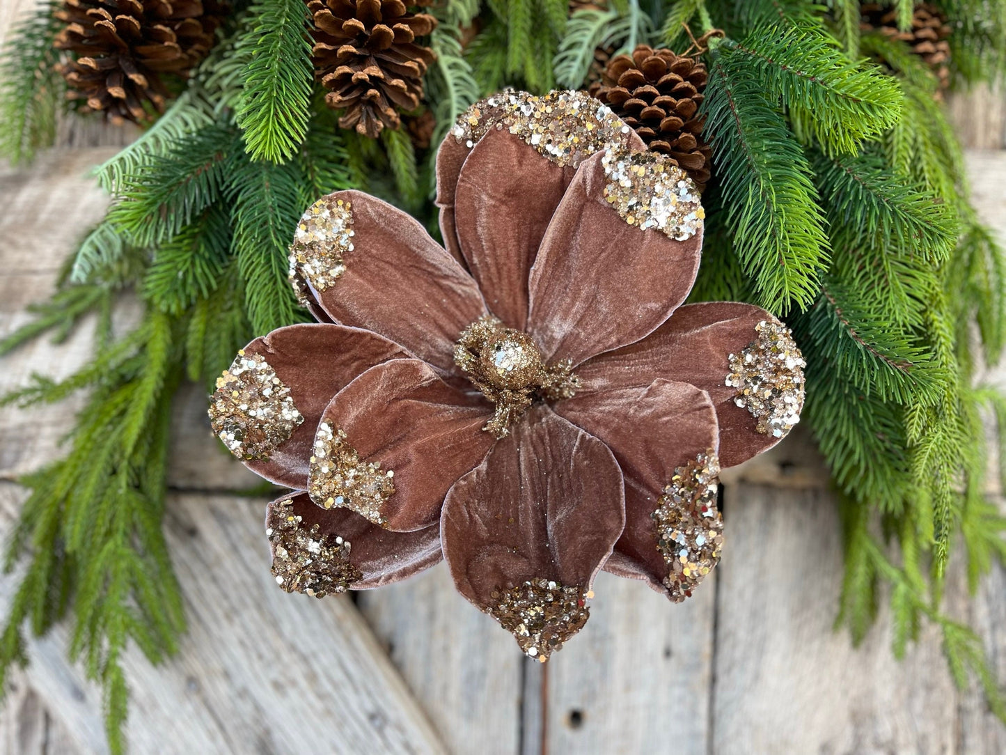 21" Mocha Brown Velvet Magnolia, Christmas Magnolia, Faux Magnolia Stem