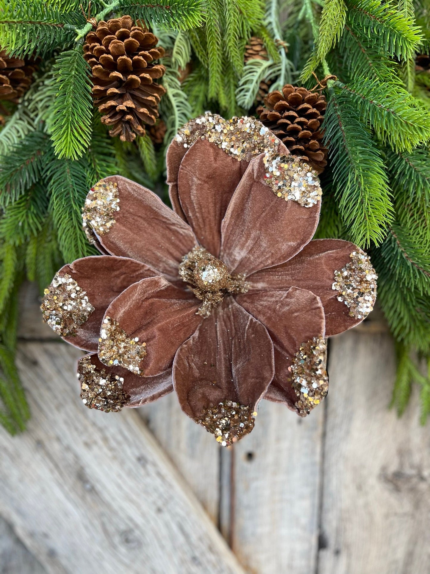 21" Mocha Brown Velvet Magnolia, Christmas Magnolia, Faux Magnolia Stem