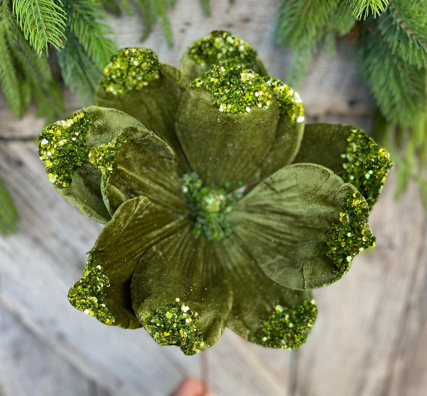 21" Forest Green Velvet Magnolia, Christmas Magnolia, Faux Magnolia Stem