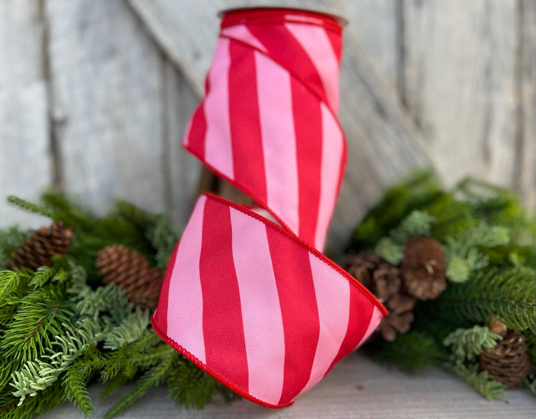 4" Red &amp; Pink Diagonal Stripe Ribbon, Christmas Ribbon