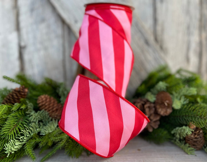 4" Red &amp; Pink Diagonal Stripe Ribbon, Christmas Ribbon