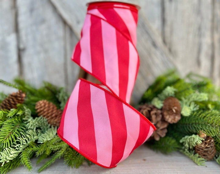 4" Red &amp; Pink Diagonal Stripe Ribbon, Christmas Ribbon, Pinkmas Ribon