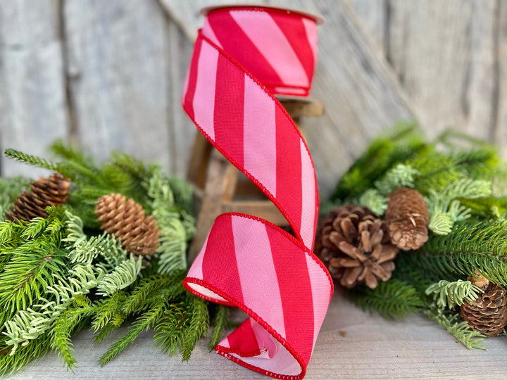 2.5" Red &amp; Pink Diagonal Stripe Ribbon, Christmas Ribbon