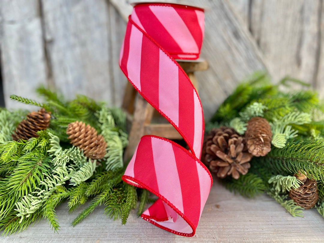 2.5" Red &amp; Pink Diagonal Stripe Ribbon, Christmas Ribbon, Pinkmas Ribon