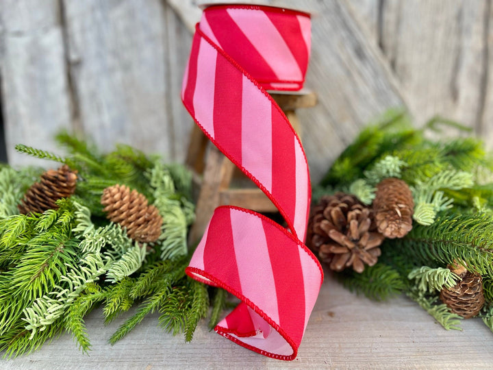 2.5" Red &amp; Pink Diagonal Stripe Ribbon, Christmas Ribbon, Pinkmas Ribon