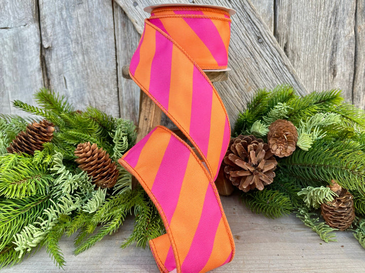 2.5" Orange &amp; Pink Diagonal Stripe Ribbon, Christmas Ribbon, Pinkmas Ribon