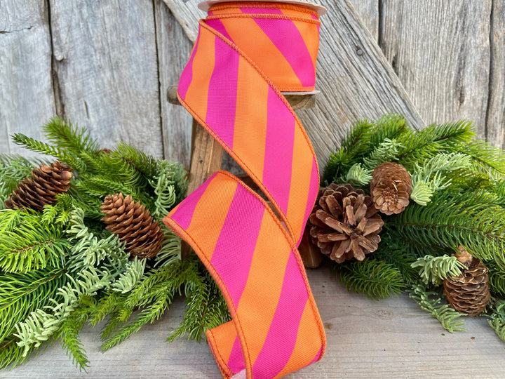 2.5" Orange &amp; Pink Diagonal Stripe Ribbon, Christmas Ribbon, Pinkmas Ribon