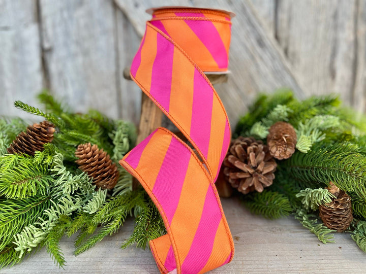 2.5" Orange &amp; Pink Diagonal Stripe Ribbon, Christmas Ribbon, Pinkmas Ribon