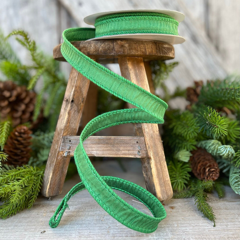 7/8" Emerald Green Dupioni Ribbon, Wired Ribbon