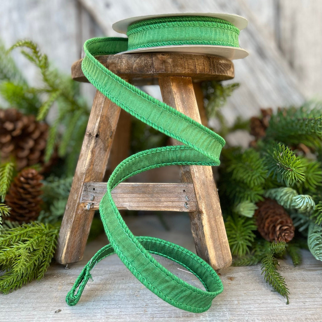 7/8" Emerald Green Dupioni Ribbon, Wired Ribbon, Narrow Ribbon