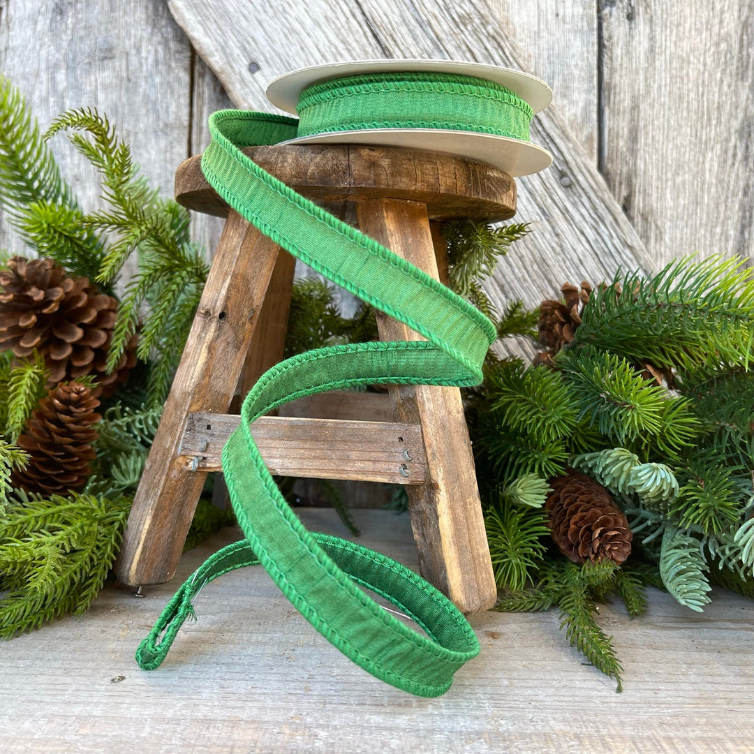 7/8" Emerald Green Dupioni Ribbon, Wired Ribbon, Narrow Ribbon